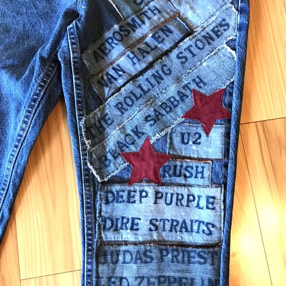 Women’s Patchwork Jeans, Size 16P: 1980s Rock Band Patches, Retro Hippie Pants - Picture 4 of 11